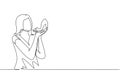 Continuous one line drawing addicted from high heels, young woman kissing her new shoes Royalty Free Stock Photo