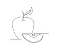 Continuous one line drawing of apple Fruit with leaf. slice of apple fruit hand drawn single line art vector illustration Royalty Free Stock Photo