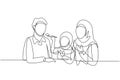 Continuous one line drawing Arab family having fun together in modern restaurant. Daughter feeds her father with love. Happy Royalty Free Stock Photo