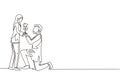 Continuous one line drawing Arab man on knee gives flowers to woman. Young guy giving to girl rose flower for propose her. Royalty Free Stock Photo