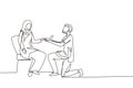 Continuous one line drawing Arab man makes marriage proposal woman and gives ring. Happy couple getting ready for wedding. Bride