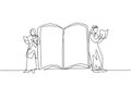 Continuous one line drawing Arab students woman and man reading, learning and standing beside open huge book. Literature lovers,