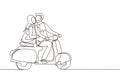 Continuous one line drawing Arabian couple with scooter vintage, pre-wedding concept. Man and woman with motorcycle, amorous