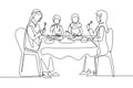 Continuous one line drawing Arabian family eating meal around kitchen table. Happy daddy, mom and two kids sitting eating healthy Royalty Free Stock Photo