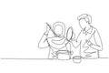 Continuous one line drawing Arabian husband holding pan lid and his beautiful wife tasting food using cooking spoon. Cooking