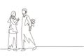 Continuous one line drawing Arabian man gives flowers to woman. Young man giving to woman bouquet of flowers for propose. Romantic