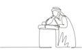 Continuous one line drawing Arabian man who is thirsty drinking at ready-to-drink taps that are widely available in public spaces