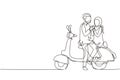 Continuous one line drawing Arabian riders couple trip travel relax. Romantic honeymoon moments sitting and talking on motorcycle