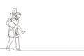 Continuous one line drawing Arabian teenage couple with man carrying woman on his back during music festival. Happy young romantic