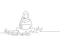 Continuous one line drawing Arabian woman with laptop sitting at the park and typing. Freelance distance learning, online courses Royalty Free Stock Photo