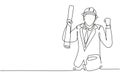 Continuous one line drawing architect with celebrate gesture and wearing helmet carried building construction drawing paper.