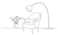 Continuous one line drawing of armchair with lamp and plant. Scandinavian stylish furniture in simple Linear style Royalty Free Stock Photo