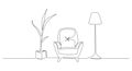 Continuous one line drawing of armchair and lamp and potted plant. Scandinavian stylish furniture in simple Linear style Royalty Free Stock Photo