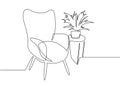 Continuous one line drawing armchair. Stylish office interior, chair and home plant vector hand drawn silhouette clipart Royalty Free Stock Photo