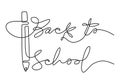 Continuous one line drawing of back to school handwritten words with big pencil isolated on white background