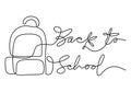 Continuous one line drawing of back to school handwritten words with school bag isolated on white background