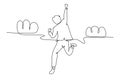 Continuous one line drawing back view of young happy business man punching fist into the air and jumping over cloud. Business Royalty Free Stock Photo