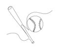 Continuous one line drawing of baseball bat and the ball. Simple Baseball bat line art vector illustration Royalty Free Stock Photo