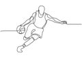 Continuous one line drawing of basketball player dribbling and holding the ball. Athlete running simplicity minimalism design