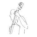 Continuous one line drawing of bass cello music instrument player. Girl playing classical double basses vector