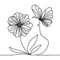 Continuous one line drawing beautiful butterfly on flower. Spring concept. vector illustration. Royalty Free Stock Photo