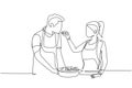 Continuous one line drawing beautiful wife feeds her husband food and in front of him is bowl filled with salad. Cooking together