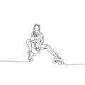 Continuous one line drawing beautifull girl sitting ir roller skate. Sport, hobby theme.