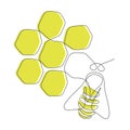 Continuous one line drawing of bee with honeycomb. Honeybee farm icon concept from wasp animal shape. Trendy line art