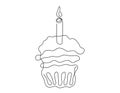 Continuous one line drawing of birthday cupcake with a lit candle. Minimalist festive dessert. Black Vector isolated on Royalty Free Stock Photo