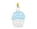 Continuous one line drawing of birthday cupcake with a lit candle. Minimalist festive dessert. Colored Vector isolated Royalty Free Stock Photo