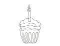 Continuous one line drawing of birthday cupcake with a lit candle. Minimalist festive dessert. Vector isolated on white Royalty Free Stock Photo