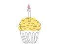 Continuous one line drawing of birthday cupcake with a single lit candle. Minimalist festive dessert. Colored Vector Royalty Free Stock Photo