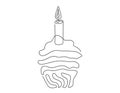 Continuous one line drawing of birthday cupcake with a single lit candle. Minimalist festive dessert. Vector isolated on Royalty Free Stock Photo