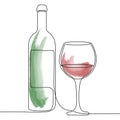 Continuous one line drawing with bottle and glass of wine isolated on white background. Black line art on white background with Royalty Free Stock Photo