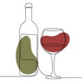 Continuous one line drawing with bottle and glass of wine isolated on white background. Vector illustration. Royalty Free Stock Photo