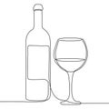 Continuous one line drawing with bottle and glass of wine isolated on white background. Vector illustration. Royalty Free Stock Photo