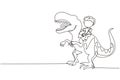 Continuous one line drawing boy caveman riding t-rex tyrannosaurus. Young kid sitting on back of dinosaur. Stone age children.