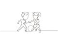 Continuous one line drawing boy and girl playing football together. Two happy little kids playing sport at playground. Children Royalty Free Stock Photo