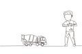 Continuous one line drawing boy playing with remote-controlled mixer truck toy. Cute kids playing with electronic toy mixer truck Royalty Free Stock Photo