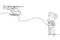 Continuous one line drawing boys playing with radio-controlled toy helicopter. Kids playing holding rc controllers. Smiling