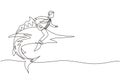 Continuous one line drawing brave businessman riding huge dangerous marlin fish. Professional entrepreneur male character fight