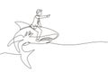 Continuous one line drawing brave businessman riding huge dangerous shark. Professional entrepreneur male character fight with