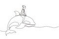 Continuous one line drawing brave businesswoman riding huge dangerous orca. Professional entrepreneur female character. Successful