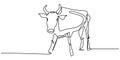 Continuous one line drawing bull cow. Endangered animal national park conservation. Big strong bull isolated on white background. Royalty Free Stock Photo