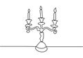 Continuous one line drawing of burning candle on chandelier. Classic chandelier. Beautiful candle design. Wax candle melting.