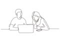 Continuous one line drawing of business concept. Man and woman sitting with laptop. Creative work of discussion, client meeting, Royalty Free Stock Photo