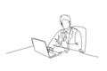 Continuous one line drawing business man giving thumbs up gesture and sitting on office chair and open the laptop to start working Royalty Free Stock Photo