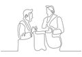 Continuous one line drawing of business meeting of two officer. Concept of CEO or boss talking their company