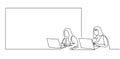 Continuous one line drawing of business presentation - business coach sitting with a laptop behind screen