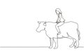 Continuous one line drawing businesswoman riding cow symbol of success. Business metaphor concept, looking at the goal,